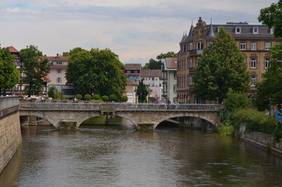 Bridge over river by buildings in city against sky