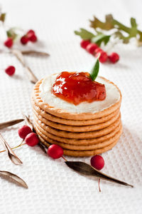 Close-up of strawberry cake on table