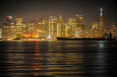 View of city lit up at night