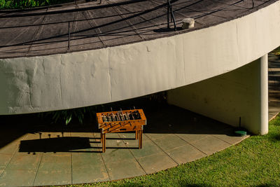 High angle view of text on wall by footpath