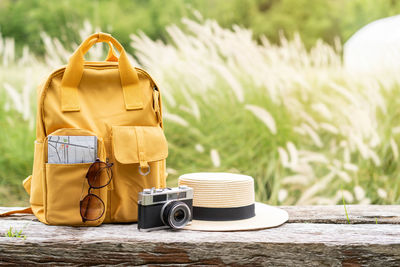 Close-up of hat on table against plants