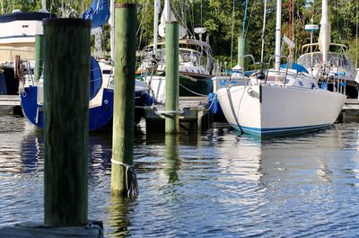 Boats moored in sea