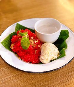 High angle view of breakfast on table