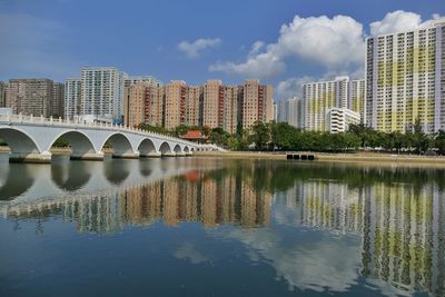 Bridge over river by buildings against sky in city