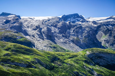 Scenic view of snowcapped mountains against clear sky