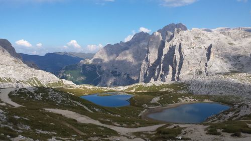 Scenic view of lake and mountains against blue sky