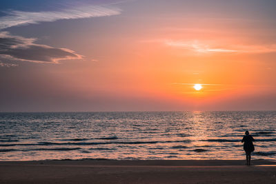 Silhouette person on beach against sky during sunset