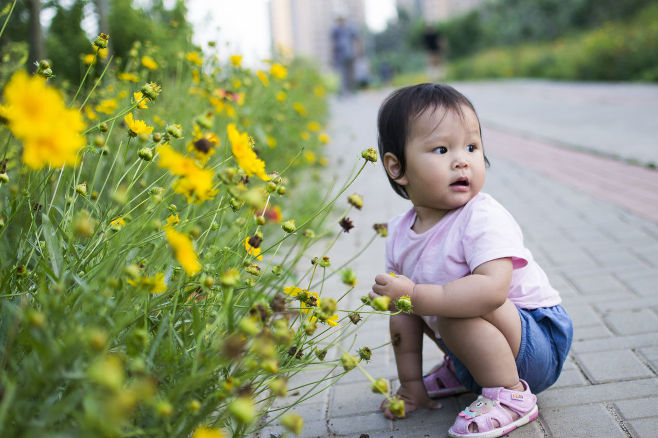 real people, innocence, one person, childhood, babyhood, day, sitting, flower, full length, outdoors, lifestyles, fragility