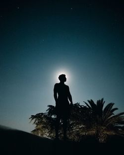 Silhouette man standing by tree against sky