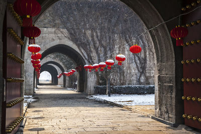 Red lanterns hanging in old castle