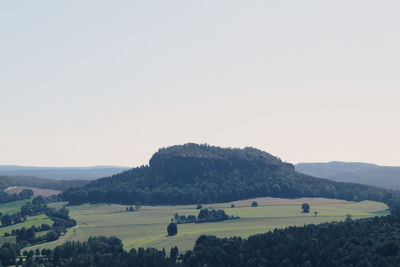 Scenic view of agricultural field against clear sky