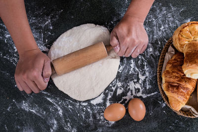 High angle view of man preparing food