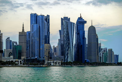 Beautiful doha skyline view from corniche beach