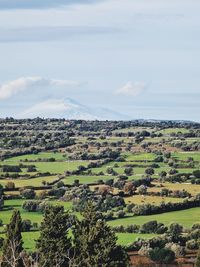 Scenic view of agricultural field against sky, and etna volcano 