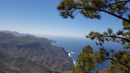 Scenic view of mountains against clear blue sky