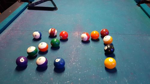 High angle view of balls on table