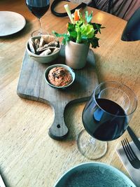 High angle view of food and drinks on table