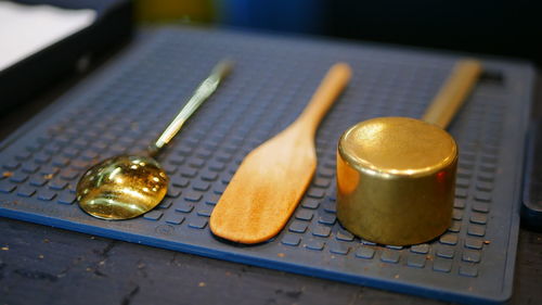 High angle view of tea in cup on table