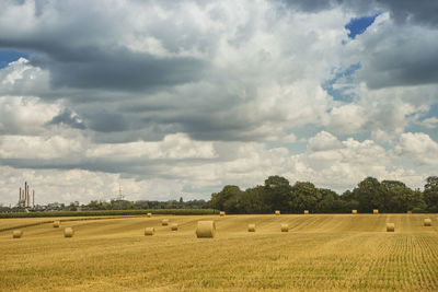 Hay bales on field against sky