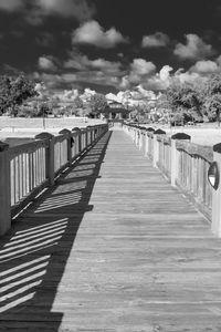 View of empty boardwalk along trees