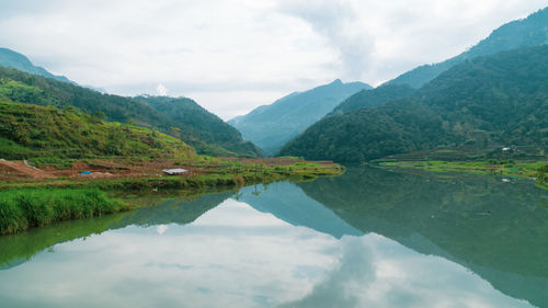 Scenic view of lake and mountains against sky