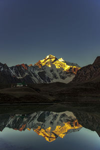 The reflections of aadi kailash peak on parwati lake, uttarakhand india