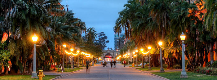 The promenade at dusk in balboa park. a city treasure. americas finest city, san diego, california.