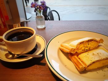 High angle view of breakfast served on table