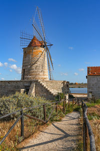 Low angle view of old ruins against clear blue sky