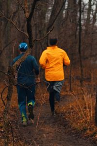 Rear view of hikers walking on trail in forest