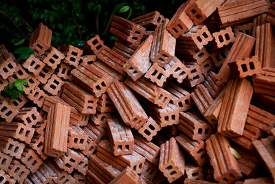 High angle view of stack of wood