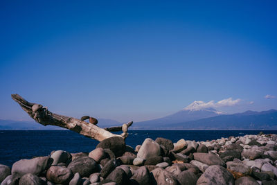 Scenic view of sea against clear blue sky