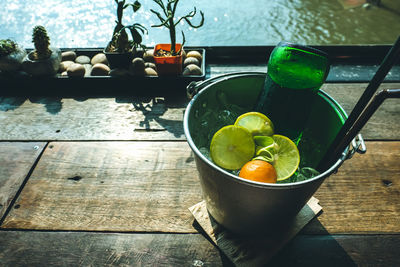 Fruit salad in bowl on table