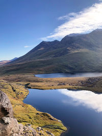 Scenic view of lake and mountains against sky