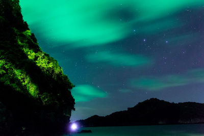 Scenic view of mountains against sky at night