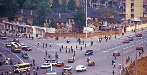 High angle view of people on street in city