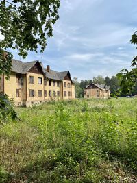 Trees and houses against sky