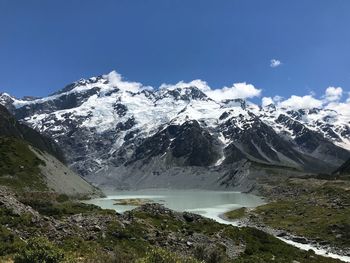 Scenic view of snowcapped mountains against blue sky