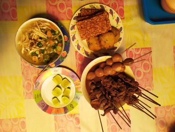 High angle view of meal served on table