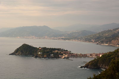 Scenic view of sea by buildings against sky
