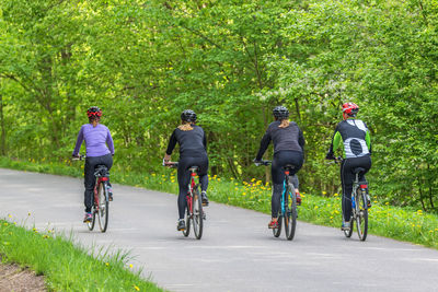 Rear view of people riding bicycle