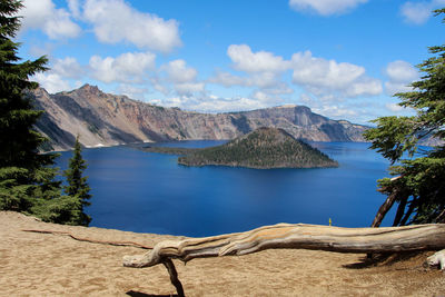 Scenic view of lake and mountains against sky