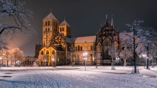 Church in city at night