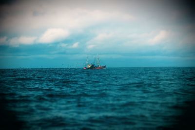 Sailboat sailing on sea against sky