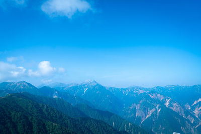 Scenic view of snowcapped mountains against blue sky