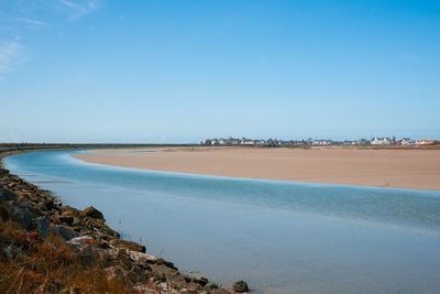 Scenic view of sea against clear blue sky