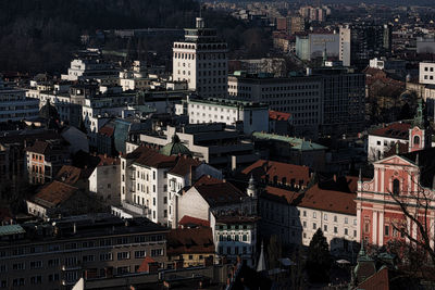 High angle view of buildings in city