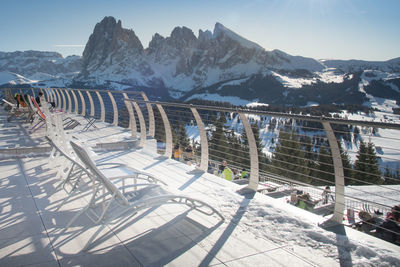 High angle view of snowcapped mountains against sky