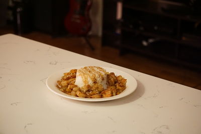 Close-up of food served in plate on table