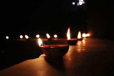 Close-up of lit candles in the dark